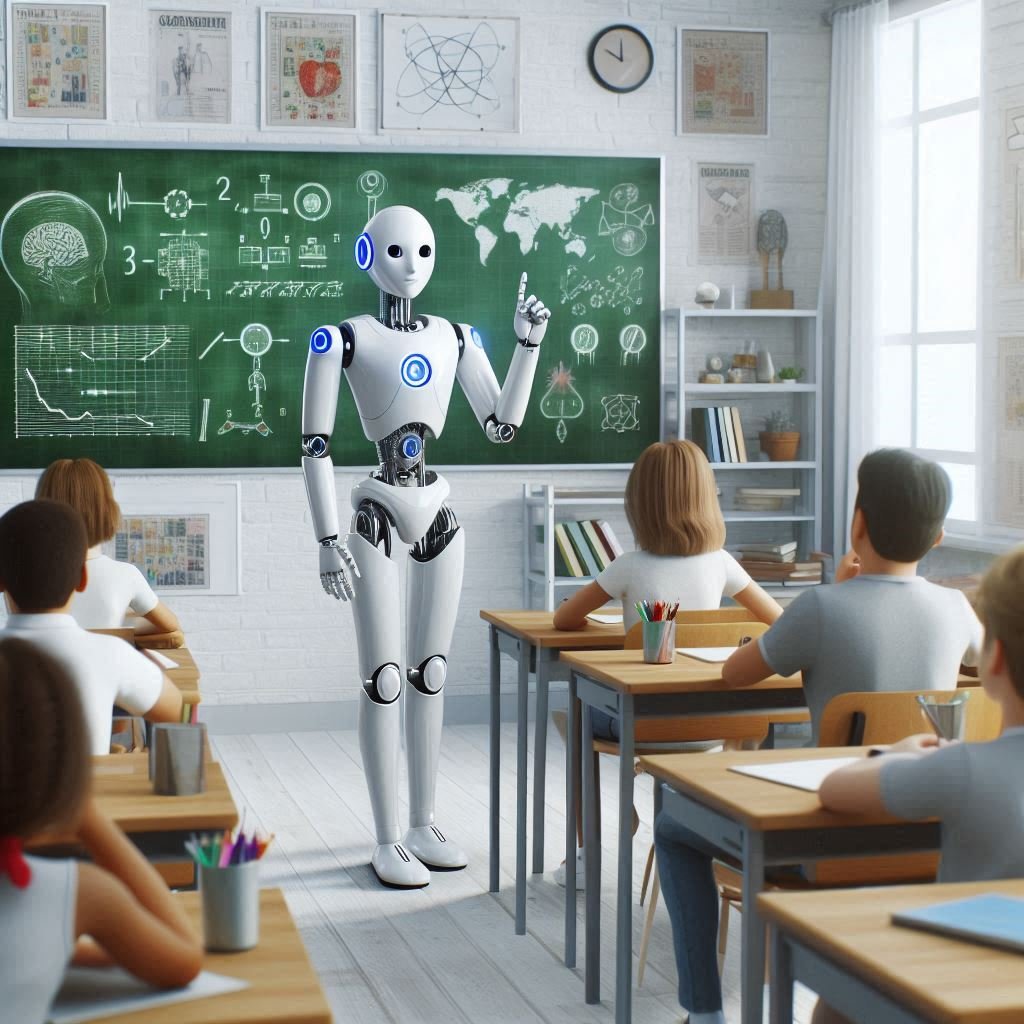 Classroom with an AI robot lookalike teacher, adult students